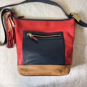 Coach Legacy Colorblock Leather Crossbody Bag Red Navy Camel Tassel